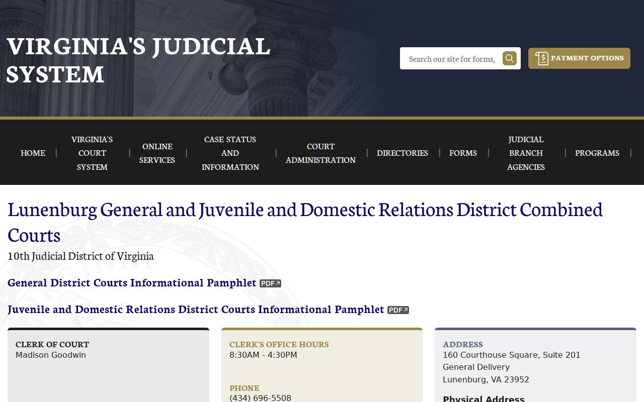 Lunenburg County warrant search source showing the combined GDC and JDR clerk contact