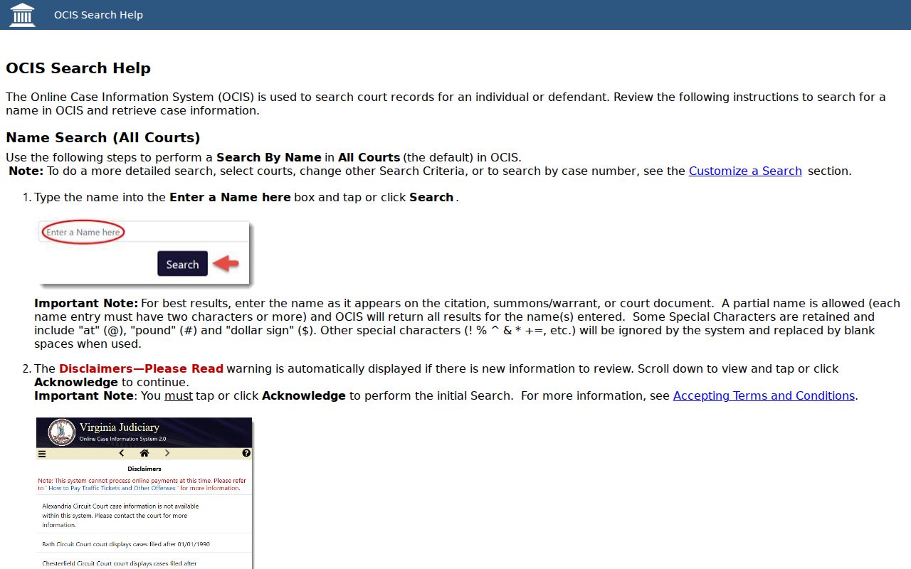 Lunenburg County warrant search reference showing OCIS name and case-number fields