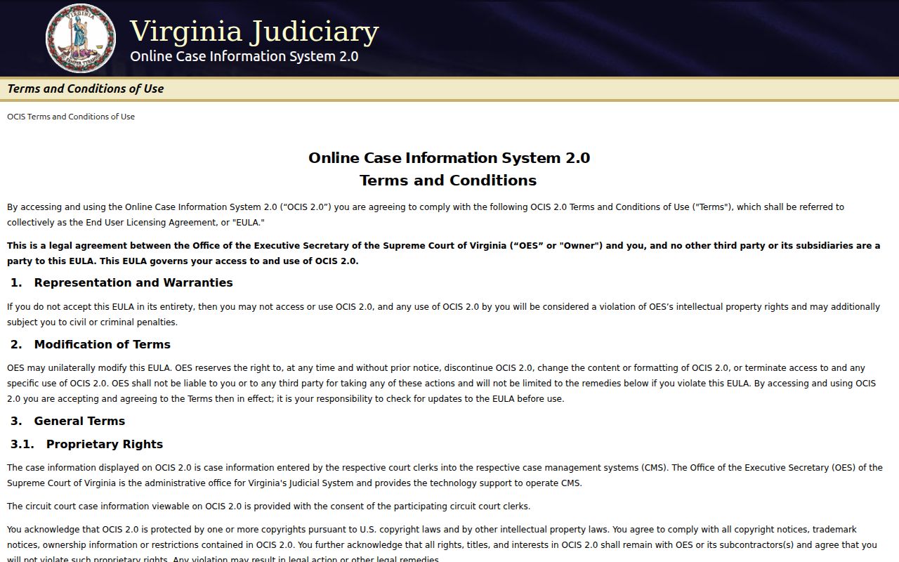 Lunenburg County warrant search reference to the OCIS terms and disclaimer screen