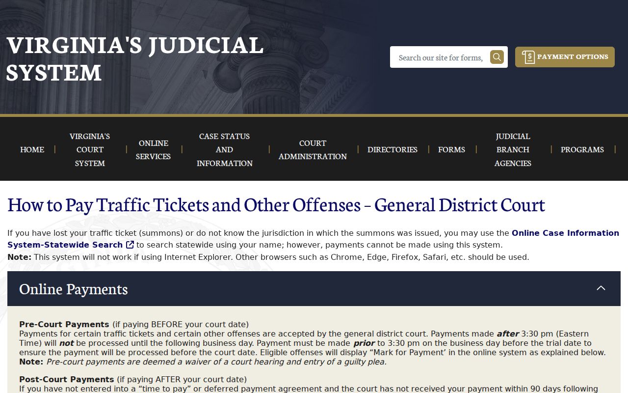 Lunenburg County traffic warrant source showing court selection and payment search instructions