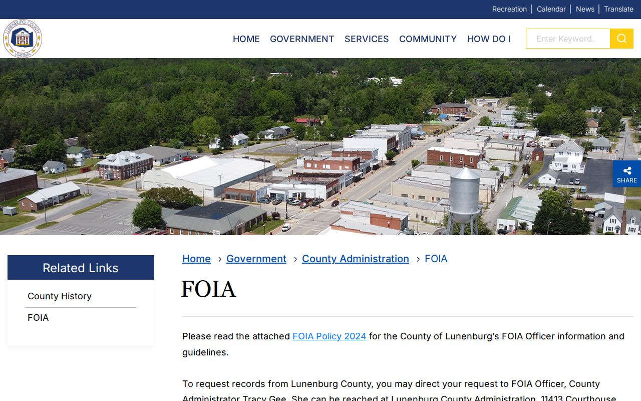 Lunenburg County active warrant records reference to the county FOIA officer and request channel