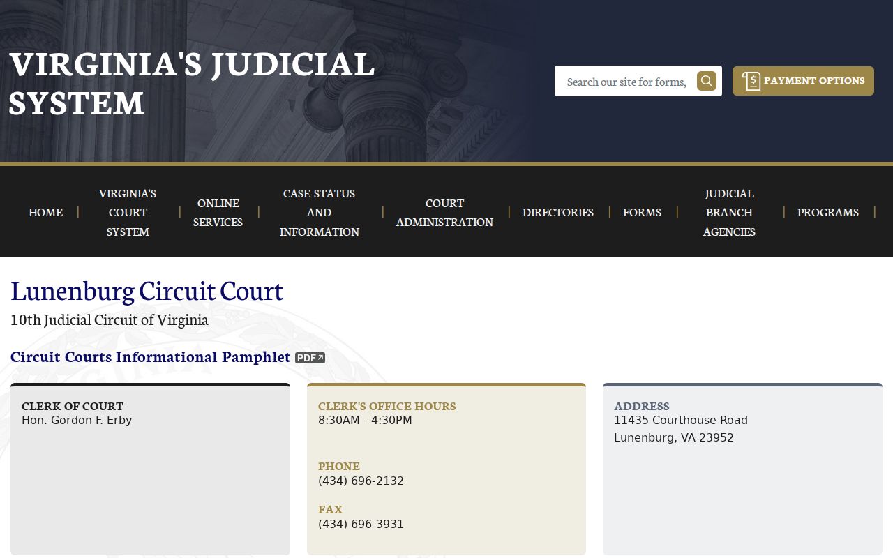 Lunenburg County warrant records source showing Circuit Court address and clerk access details